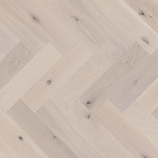 Flair Engineered - White Oak DuraMatt in Snowdrift - 5" Herringbone Brushed Hardwood